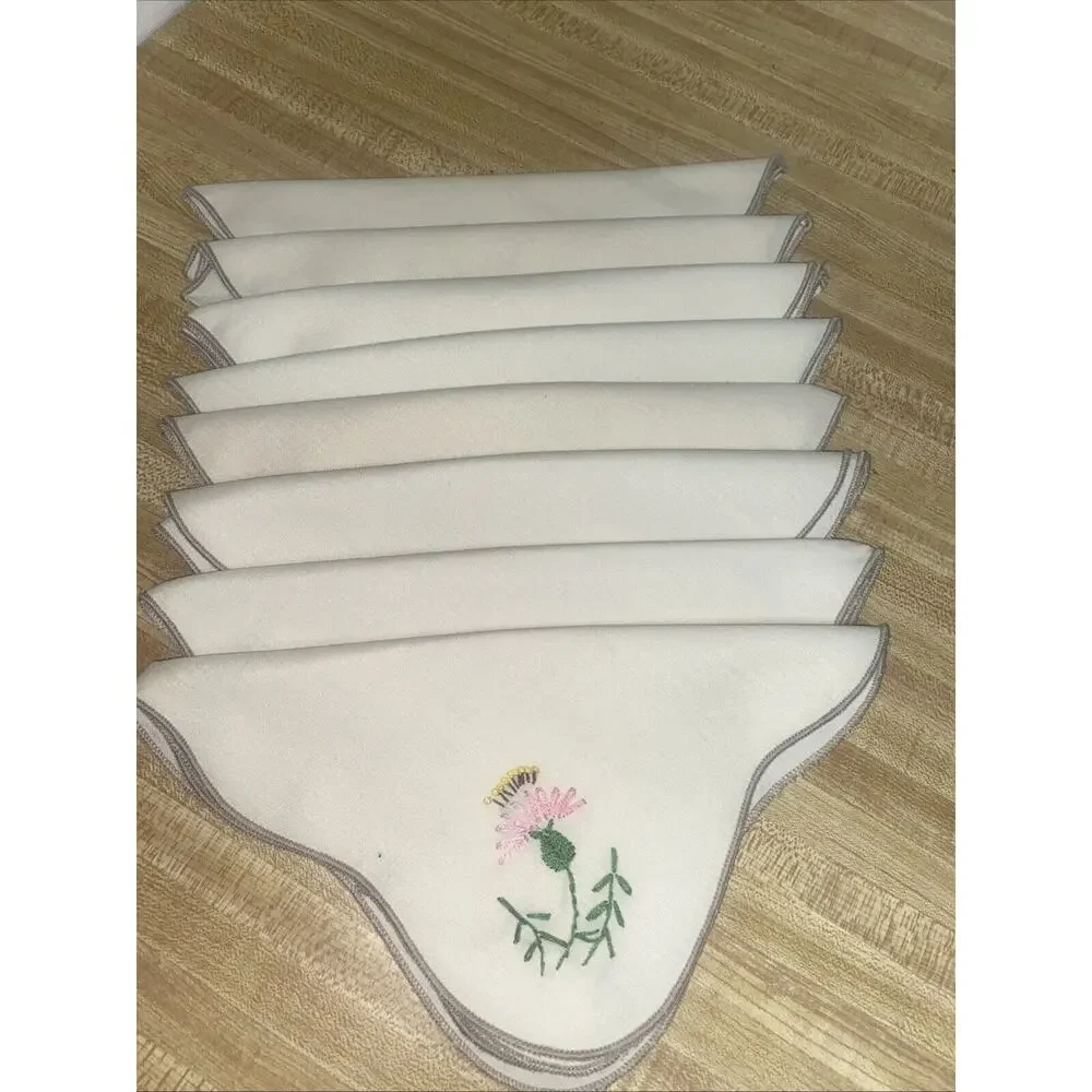 Vintage Handmade Set of 8 Off White Place Mats / Napkin Embroidered Floral